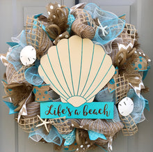 Life's A Beach Burlap Deco Mesh Wreath with Seashells, Seashell Wreath, Beach Wreath, Starfish Wreath