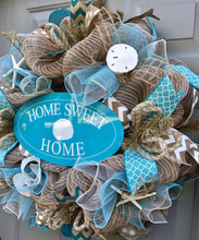 Home Sweet Home Beach Burlap Deco Mesh Wreath with Seashells, Seashell Wreath, Beach Wreath, Starfish Wreath