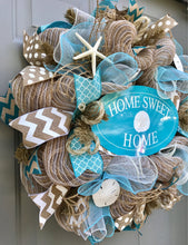 Home Sweet Home Beach Burlap Deco Mesh Wreath with Seashells, Seashell Wreath, Beach Wreath, Starfish Wreath
