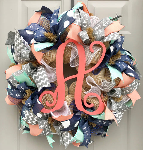 Nautical Monogram Burlap Deco Mesh Wreath, Beach Wreath, Summer Decor, Anchor Wreath