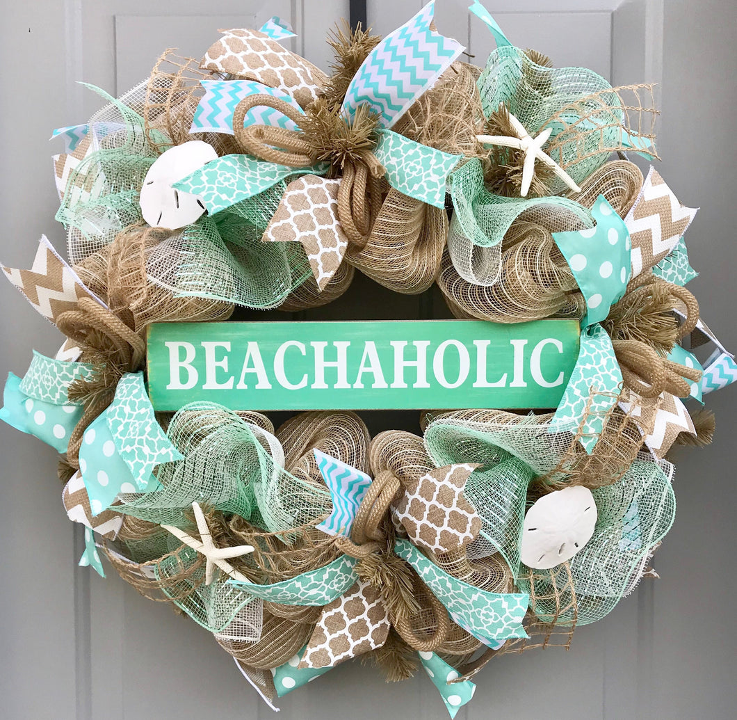 Beach Wreath, Beachaholic, Burlap Deco Mesh Wreath with Seashells, Seashell Wreath, Sea Shell Wreath, Starfish Wreath