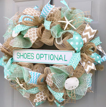 Beach Wreath, Shoes Optional, Burlap Deco Mesh Wreath with Seashells, Seashell Wreath, Sea Shell Wreath, Starfish Wreath