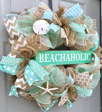 Beach Wreath, Beachaholic, Burlap Deco Mesh Wreath with Seashells, Seashell Wreath, Sea Shell Wreath, Starfish Wreath