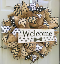 Welcome Dog Wreath, Pet Wreath, Paw Print Wreath, Black Brown Wreath, Burlap Wreath, Polka Dot Wreath