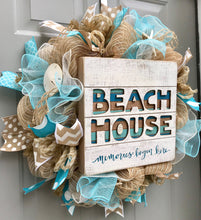 Beach House Burlap Deco Mesh Wreath with Seashells, Seashell Wreath, Sea Shell Wreath, Beach Wreath, Starfish Wreath, Memories Begin Here