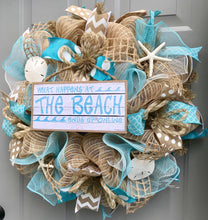 Beach Wreath, Burlap Deco Mesh Wreath with Seashells, Love Beach, Nautical Wreath, Seashell Wreath, What Happens At The Beach Ends Up Online
