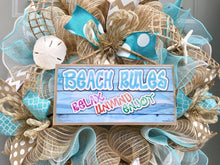 Beach Wreath, Beach Rules, Relax Enjoy Unwind, Burlap Deco Mesh Wreath with Seashells, Nautical Wreath, Seashell Wreath, Welcome Wreath
