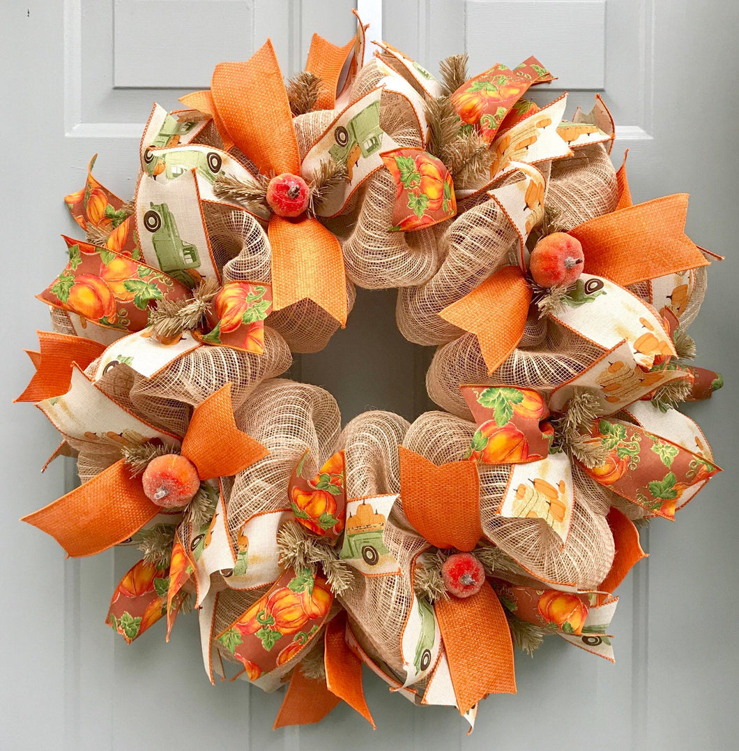 Fall Pumpkin Wreath, Burlap Wreath with Pumpkins, Harvest Decor, Autumn Wreath, Thanksgiving Front Door, Old Green Truck