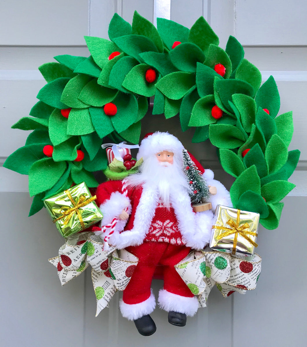 Santa Claus Felt Holly Berry Wreath, Christmas Front Door Decoration