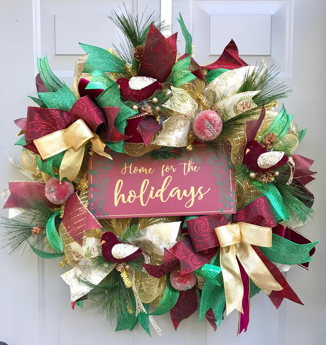 Home For The Holidays Christmas Wreath, Christmas Front Door Decoration