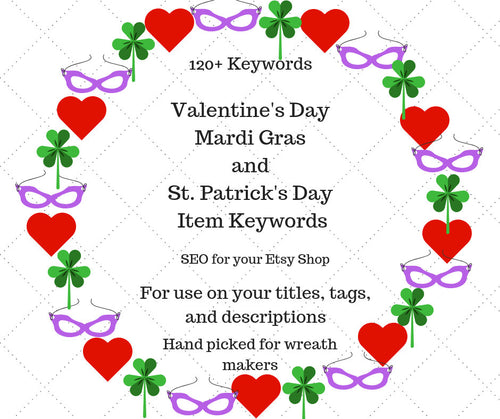 Valentine's Day Mardi Gras St. Patrick's Day Item Keywords, Wreath SEO, SEO Keywords, Etsy Help, Etsy SEO, Etsy Keywords, Wreath Keywords