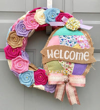 Easter Welcome Wreath, Burlap Roses, Vintage Decor