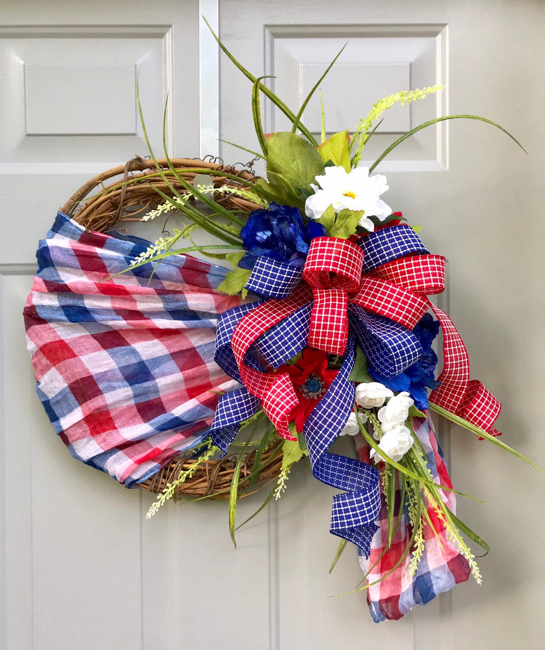 July 4th Wreath, Patriotic Floral Grapevine Wreath, Flag Wreath, July Fourth Wreath, America Wreath, Americana Decor, Patriotic Scarf