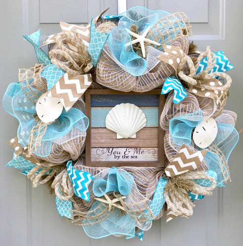 You and Me By The Sea Beach Burlap Deco Mesh Wreath with Seashells, Seashell Wreath, Beach Wreath, Starfish Wreath