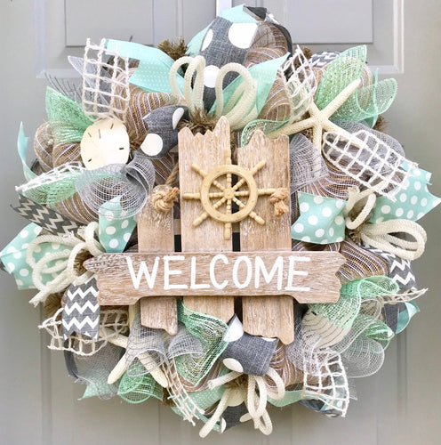 Welcome Beach Burlap Deco Mesh Wreath with Seashells, Seashell Wreath, Beach Wreath, Starfish Wreath