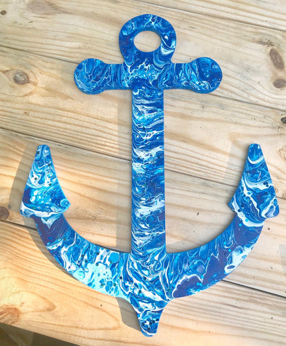 Anchor Door Hanger, Nautical Front Door, Marbled Acrylic Paint Pour on Wooden Anchor