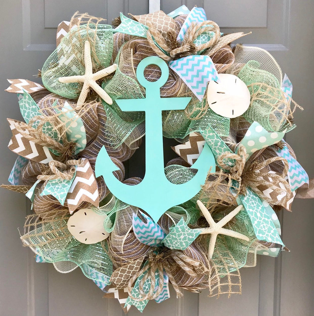 Beach Wreath, Anchor Nautical Burlap Deco Mesh Wreath, Nautical Wreath