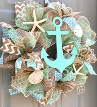 Beach Wreath, Anchor Nautical Burlap Deco Mesh Wreath, Nautical Wreath