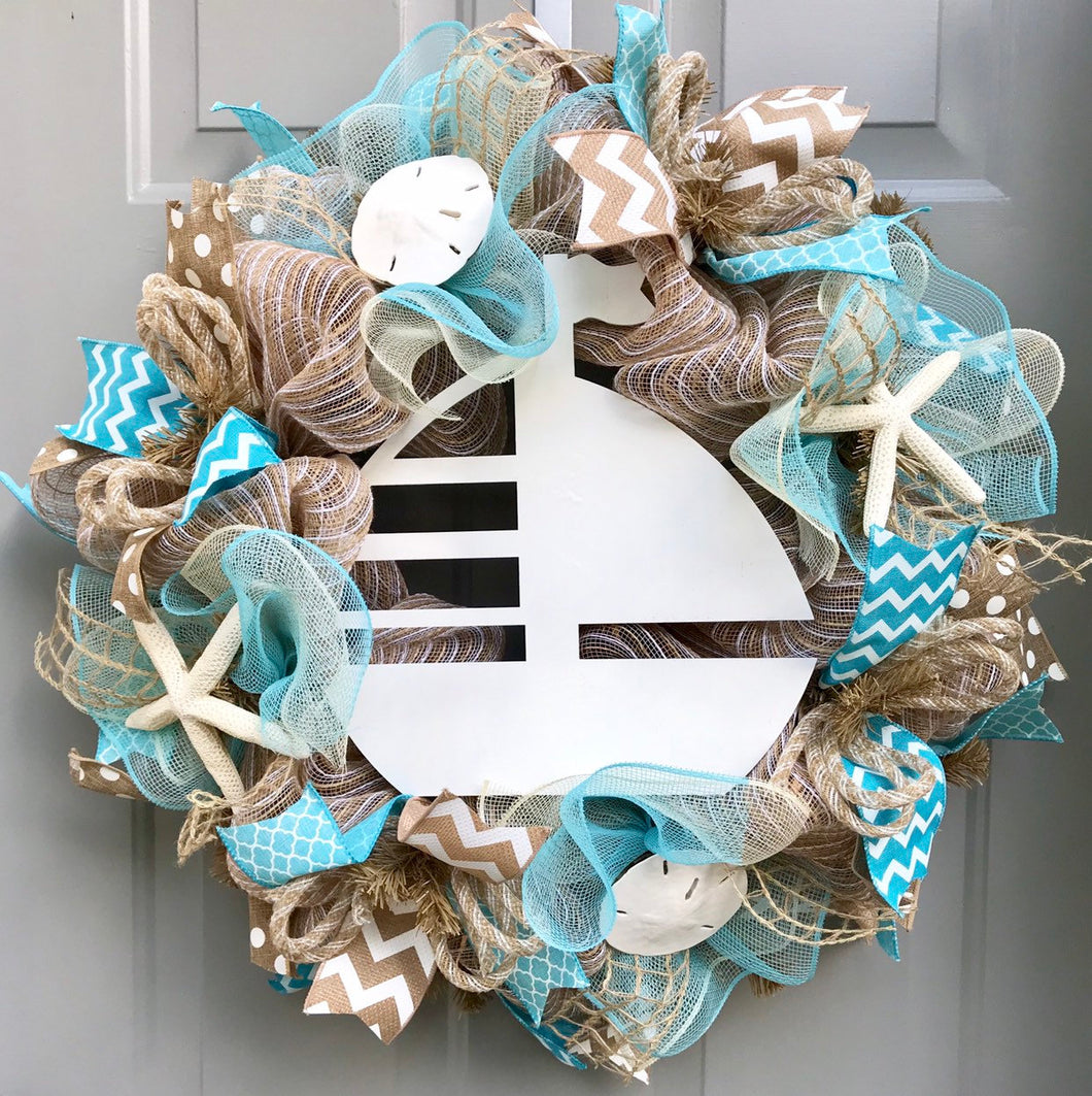 Sailboat Beach Wreath, Burlap Deco Mesh Wreath with Seashells, Nautical Wreath, Seashell Wreath, Welcome Wreath