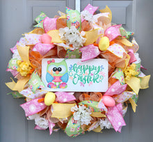 Happy Easter Wreath with Hydrangeas and Spring Flowers, Easter Owl with Jelly Beans and Easter Eggs