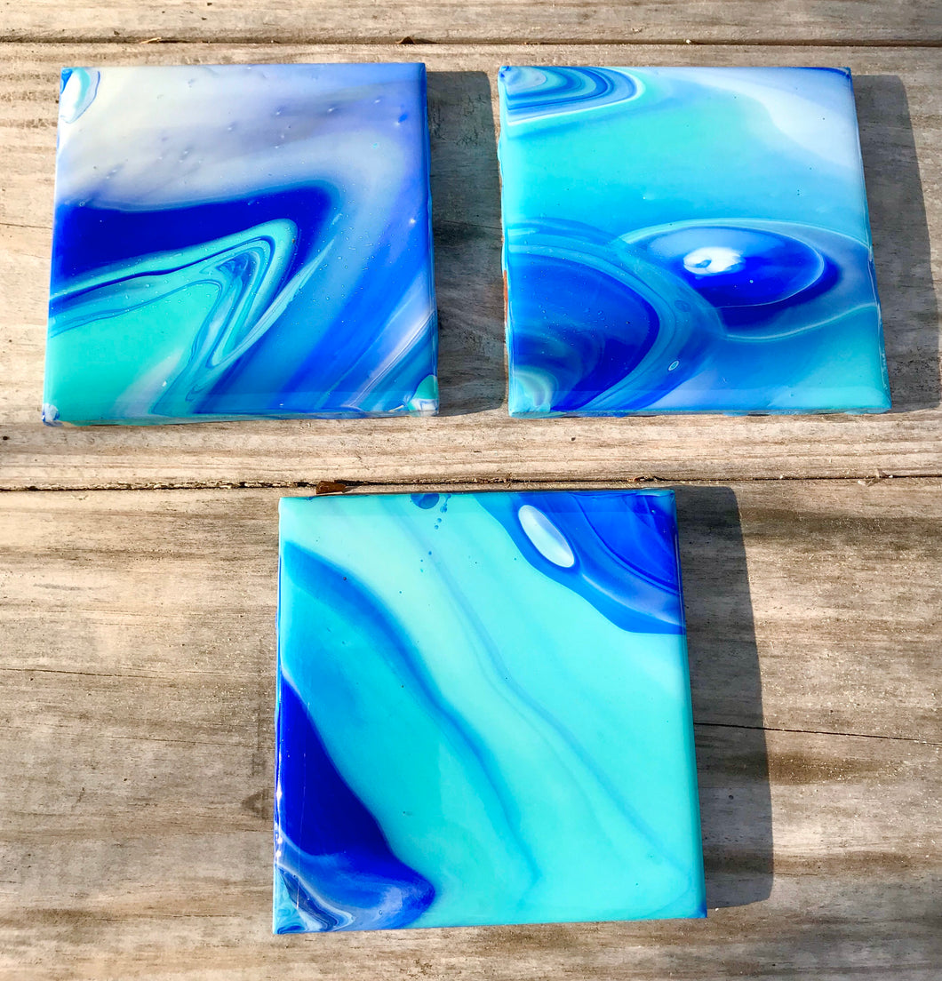 Coasters set of 3, Hand painted ceramic drink coasters with resin, Acrylic paint pour art on tile, Beach Fluid art, Beach decor for cottage