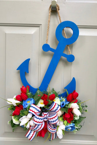 Anchor Door Hanger, Nautical Front Door, Floral Patriotic Anchor, Beach House Decor