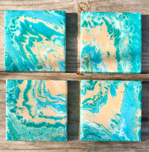 Coasters set of 4, Hand painted ceramic drink coasters with resin, Acrylic paint pour art on tile, Beach Fluid art, Beach decor for cottage