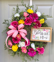 Bless Our Nest Floral Grapevine for Front Door, Wedding Door Flower Decor, Welcome Gift for New Home, Porch Decor