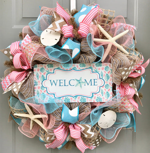 Welcome Beach Wreath, Coastal Nautical Decor, Beach House, Starfish Decor