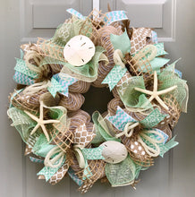 Beach Wreath, Burlap Deco Mesh Wreath with Seashells, Nautical Wreath, Seashell Wreath, Welcome Wreath