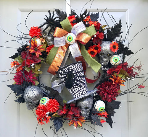 Halloween Skull with Top Hat and Spider Wreath for Front Door, Halloween Theme Party Decor, Spooky Gothic Floral Grapevine