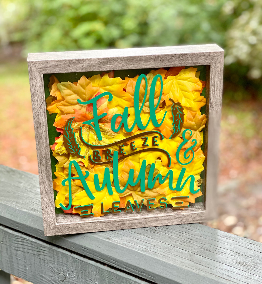 Fall Breeze and Autumn Leaves 9x9 Shadow Box for side table or foyer, Mantle decor