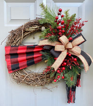 Christmas Wreath with Buffalo Plaid Scarf, Winter Wreath for Front Door with Red Berries and Evergreen, Farmhouse Holiday Front Porch