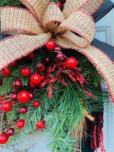 Christmas Wreath with Buffalo Plaid Scarf, Winter Wreath for Front Door with Red Berries and Evergreen, Farmhouse Holiday Front Porch