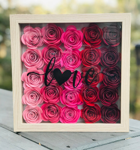 Love Valentine Rose Decor, 9x9 Shadow Box for side table or foyer, Personalized Mantle decor
