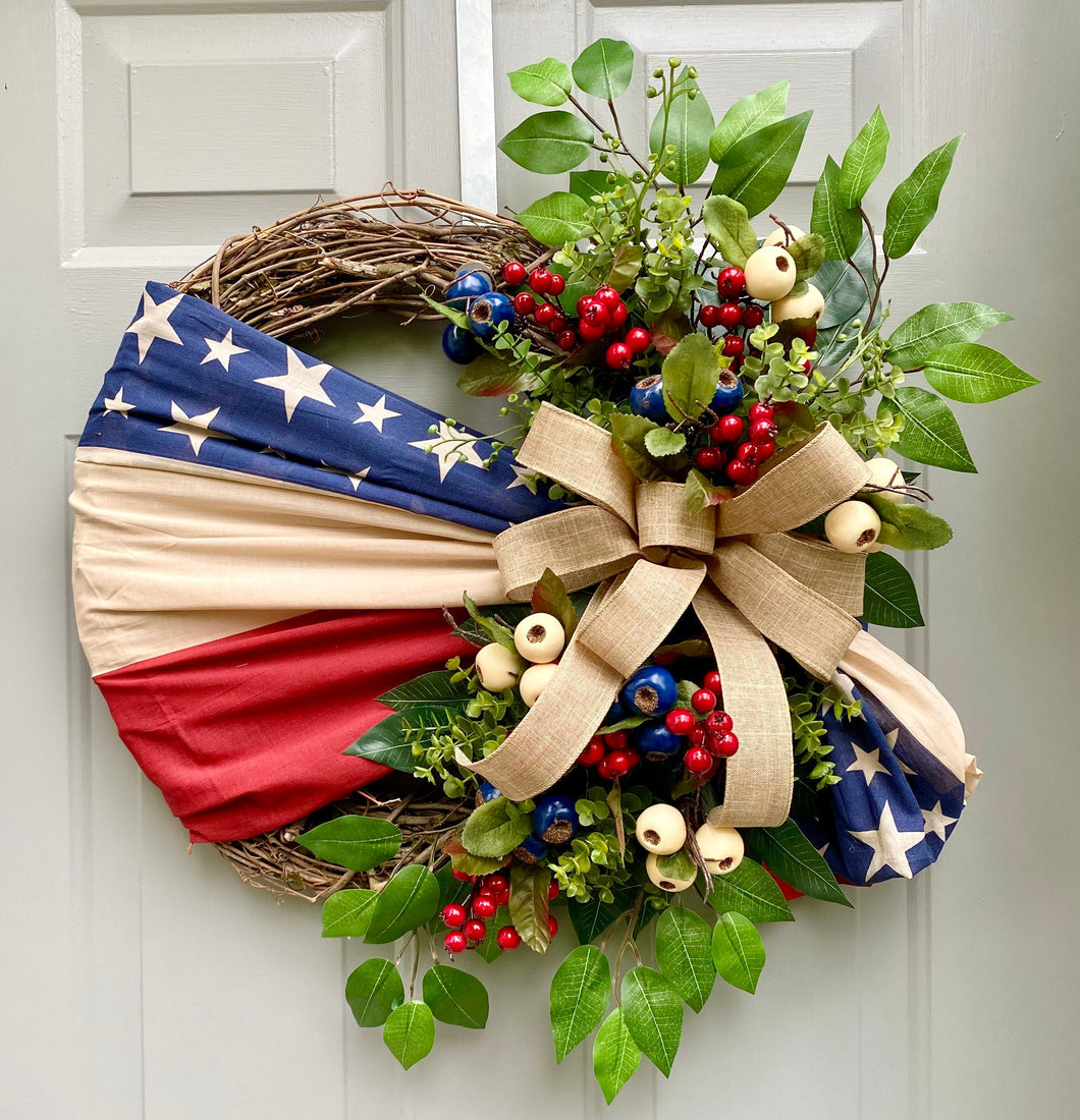 Flag Wreath, Patriotic Floral Grapevine Wreath, July 4th Wreath, July Fourth Americana, America Wreath