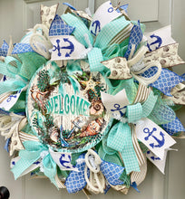 Welcome Beach Burlap Deco Mesh Wreath with Seashells and Starfish, Front Door Decor for Beach Cottage, Coastal Welcome Wreath