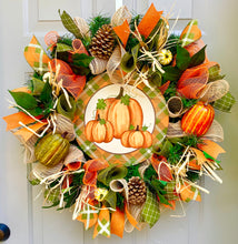 Fall Pumpkin Wreath with Raffia and Burlap, Welcome Wreath with Pumpkins and Pine Cones, Autumn Porch Decor, Thanksgiving Front Door