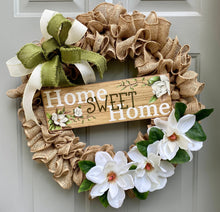 Home Sweet Home Rustic Burlap Wreath, Welcome Wreath for Front Door, Magnolia Everyday Porch Decor