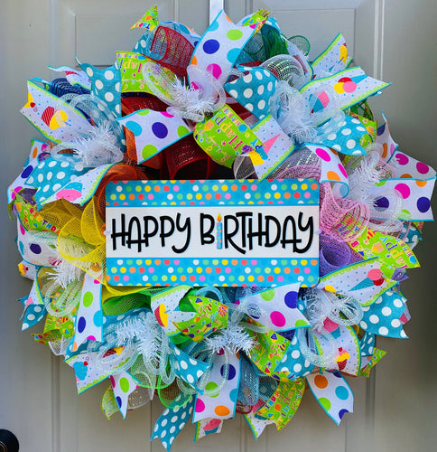 Happy Birthday Deco Mesh Wreath, Party Wreath, Event Wreath, Birthday Wall Decoration, Rainbow Decor