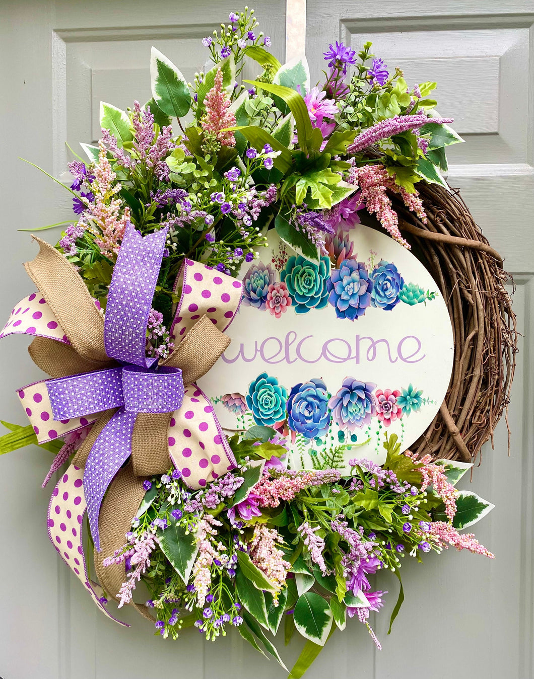 Welcome Floral Grapevine Wreath for Front Door, Spring or Summer