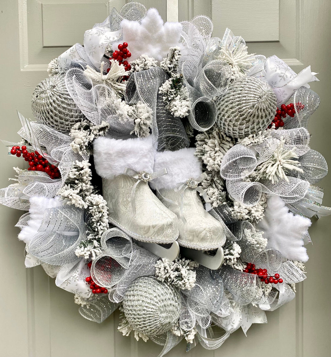 Ice Skates Wreath Winter Front Door Decor, Snow Theme for Front Porch, Snowflake Flocked Christmas Evergreen