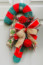 Candy Cane Door Hanger for Front Porch, Evergreen and Berries Candy Cane Wreath