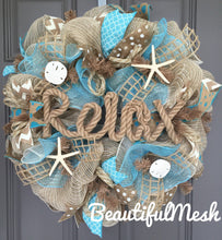Relax Beach Burlap Deco Mesh Wreath with Seashells, Seashell Wreath, Sea Shell Wreath, Beach Wreath, Starfish Wreath